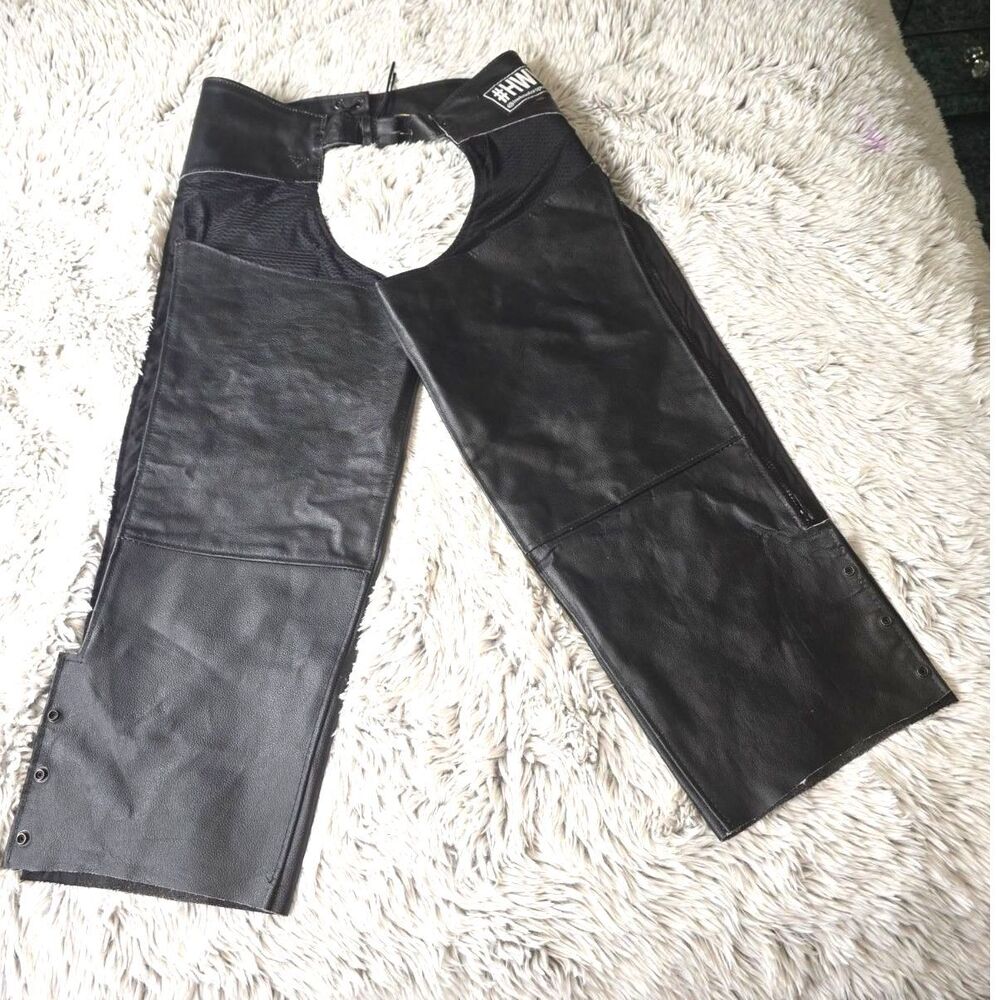 HWK Motorcycle Chaps Black Leather Mens 40 Adjustable Biker Riding Gear